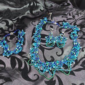 Handmade 925 Sterling Silver Blue/Green Victorian Necklace Earrings Bracelet